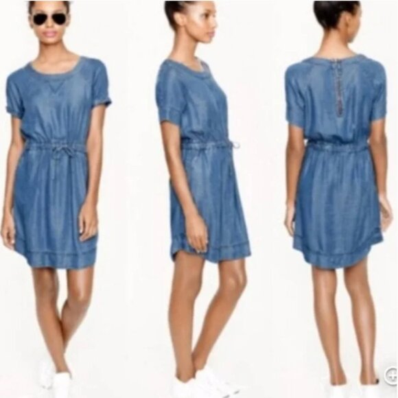 J. Crew Chambray Denim Dress Blue Preppy Tencel Short Sleeve Mini Size Small - Picture 3 of 16